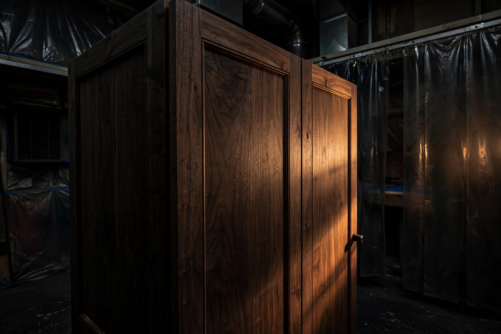 Walnut cabinets in the finish booth under warm side light